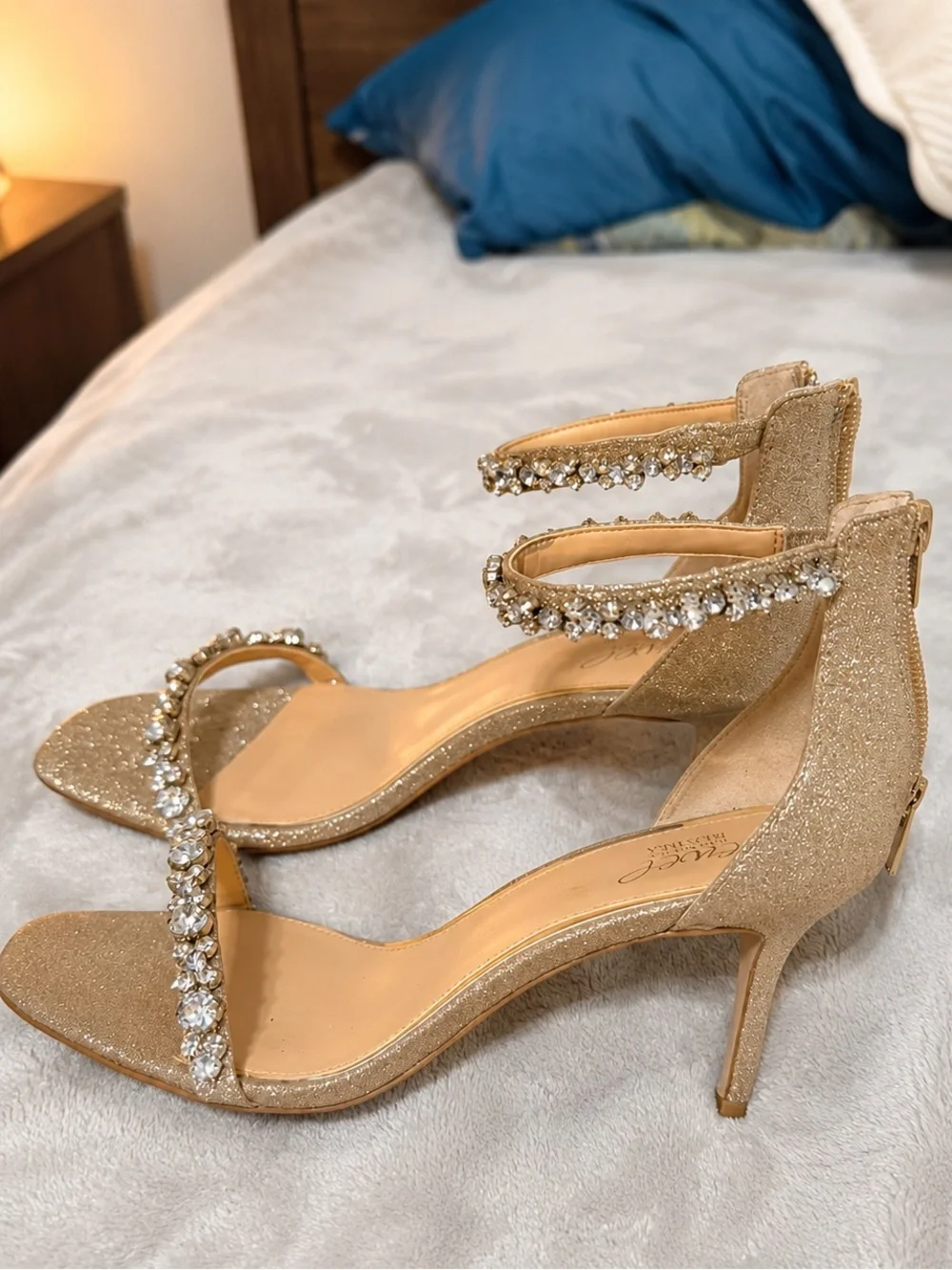 Badgley Mischka Crystal-Embellished Blush Satin Ankle-Strap Heels